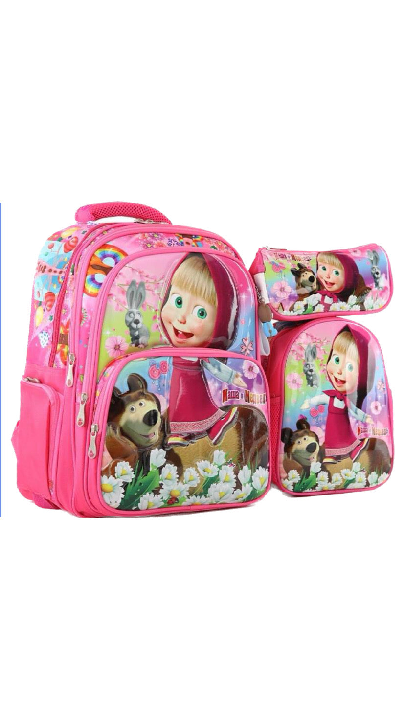 Three M School Bag Set + Lunch Bag + Pencil Case Size 16-Masha