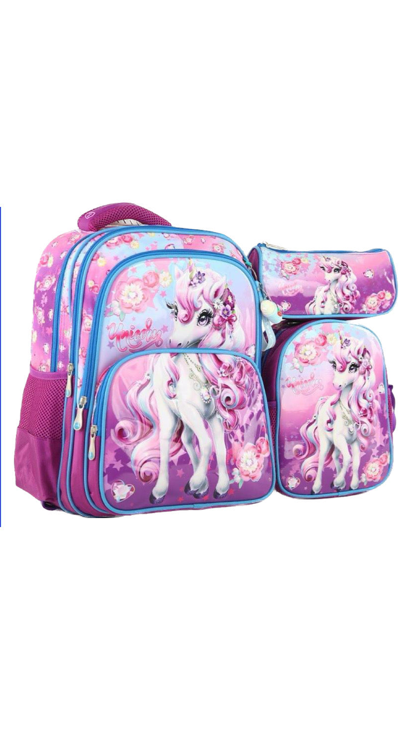 Three M School Bag Set + Lunch Bag + Pencil Case Size 16-Unicorn