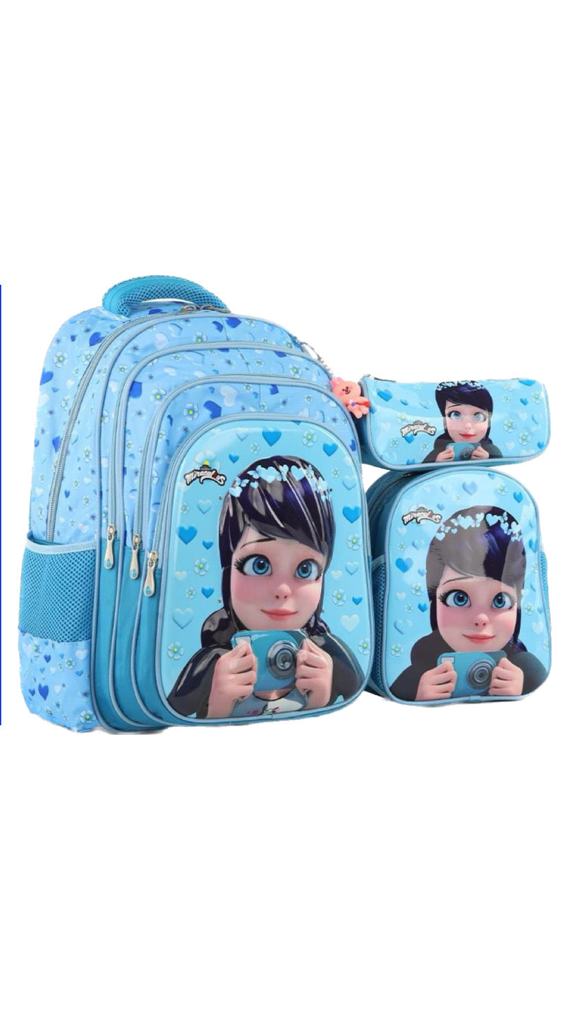 Three M School Bag Set + Lunch bag + Pencil Case Size 18 - Miraculous Blue